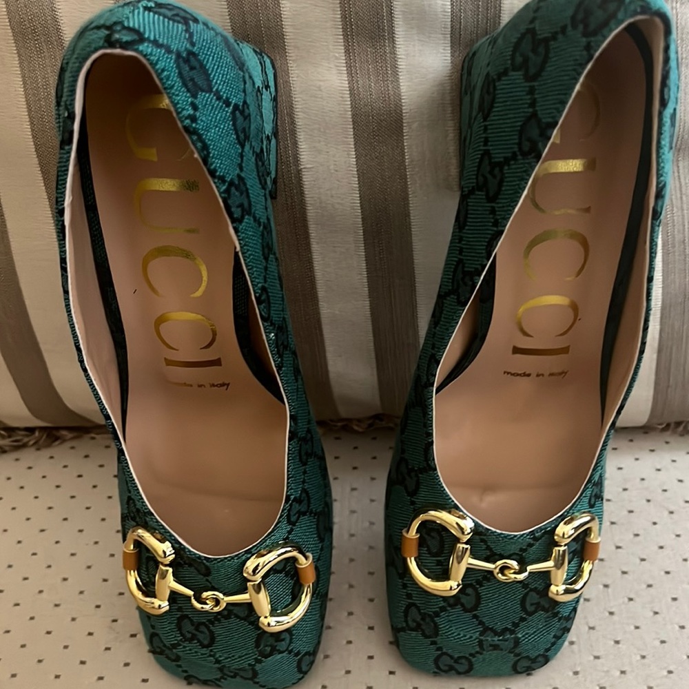 Womens Luxury Designer Green Monogram Fabric upper Horse buckle Size 38 EU/7B/US